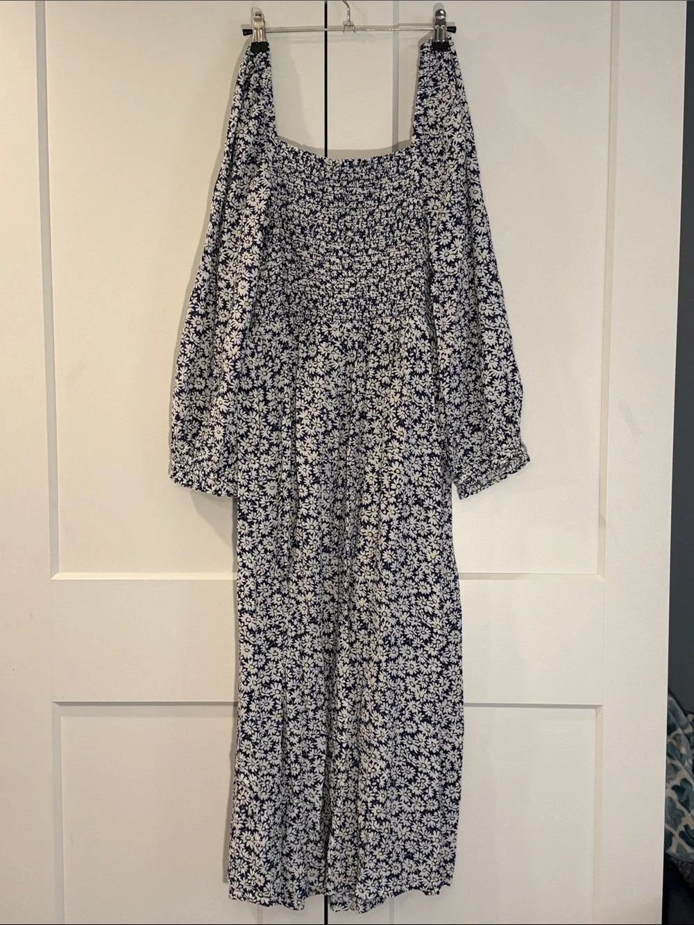 J. Crew Navy and White Floral Smocked Midi Dress